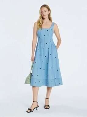 NEW Free Assembly Chambray Fit & Flare Midi Dress Embroidered Heart Size XS Wome